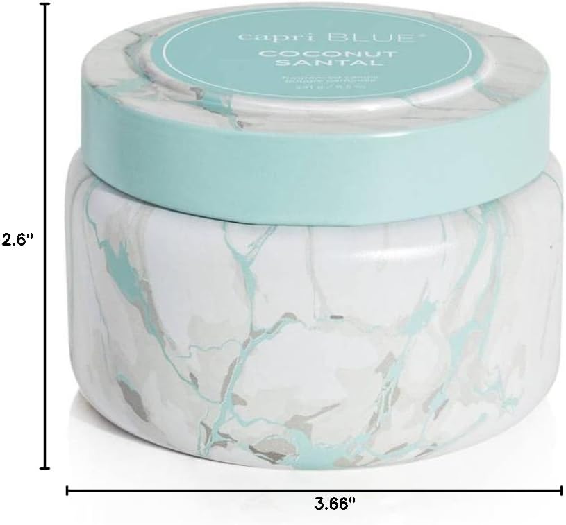 Capri Blue Modern Marble Printed Travel Tin Jar Candles - Luxury Decorative Candles for Home Scented - Long Lasting Soy Wax Blend - Coconut Santal (8.5 oz)