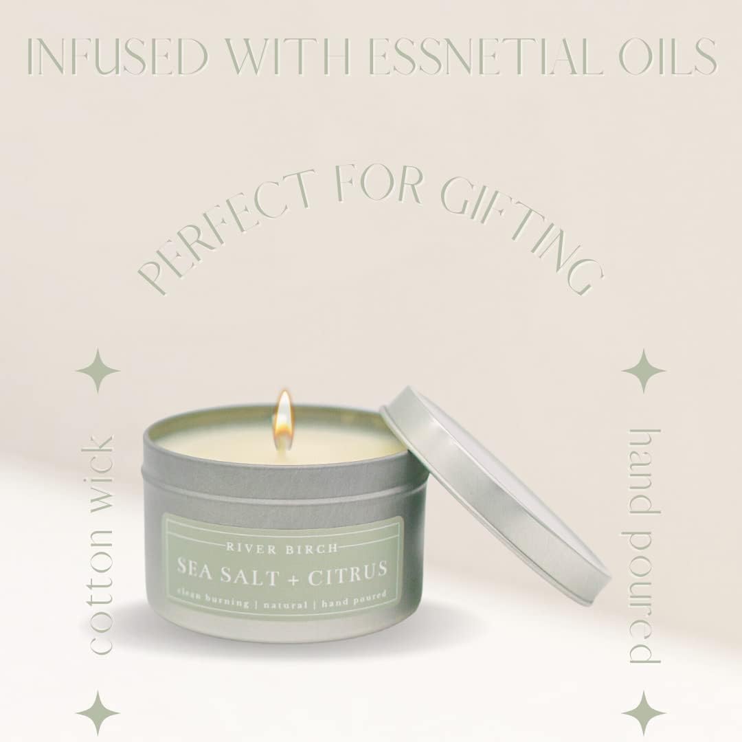 River Birch Candles Sea Salt + Citrus Scented Candle | Premium, All-Natural, Non-Toxic, Soy Candles | 8 oz. Silver Tin Travel Candle | Cozy Relaxing Gifts for Home