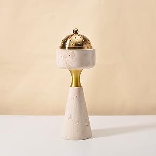 Marble Incense Burner with Brass Cover, 11 x 3.8 inches, Multi-Purpose Holder for Cones, Coils and Sticks (White)