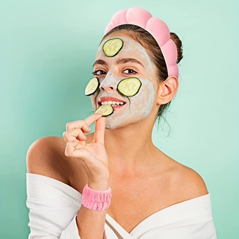 Luckybear Spa Headband for Washing Face, Velvet Makeup Headband, Bubble Skincare Head bands with Face Wash Wristbands Sponge Puff Head band for Women Skin Care - Green