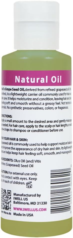 GRAPESEED OIL | 4oz (118ml) | All-Natural | For Hair, Skin & Nails | Moisturizer for Sensitive Skin Types | Refined, Cold Pressed | by Well's Oil