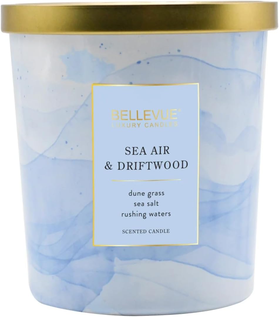 Bellevue Luxury Fragranced Candle, 12 OZ, Soy Blend Wax,Essential Oils, Long-Lasting Burn, Home Fragrances, Aromatherapy Home Scented Candles Scent: Sea Air & Driftwood