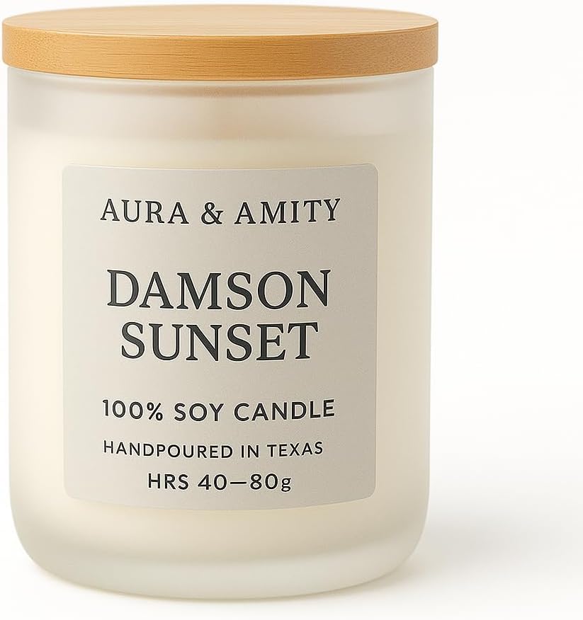 Soy Scented Candle - 12 oz Damson Sunset - Bergamot & Tonka Luxury Jar Candle for Home Decor - Long Lasting, Hand Poured in USA, Gift for Women