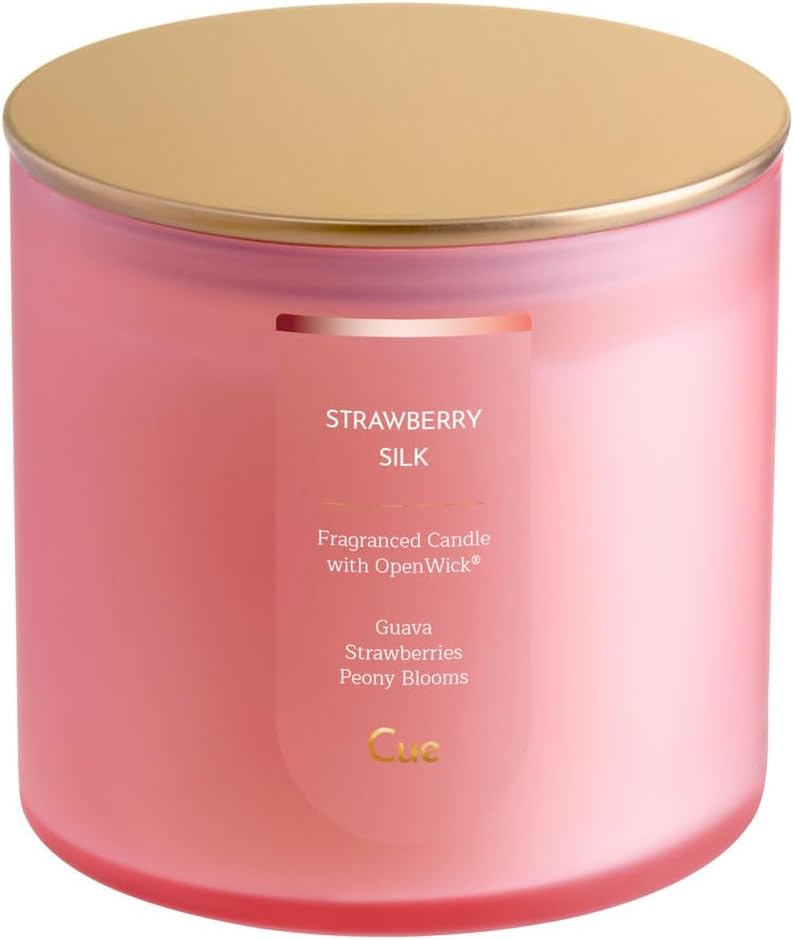 CUE Scented Candle | OpenWick Clean Burning | Soy Coconut Wax Blend | Spring | Summer | Clean Burning | Gift | Extended Burn Time (14oz, Strawberry Silk)