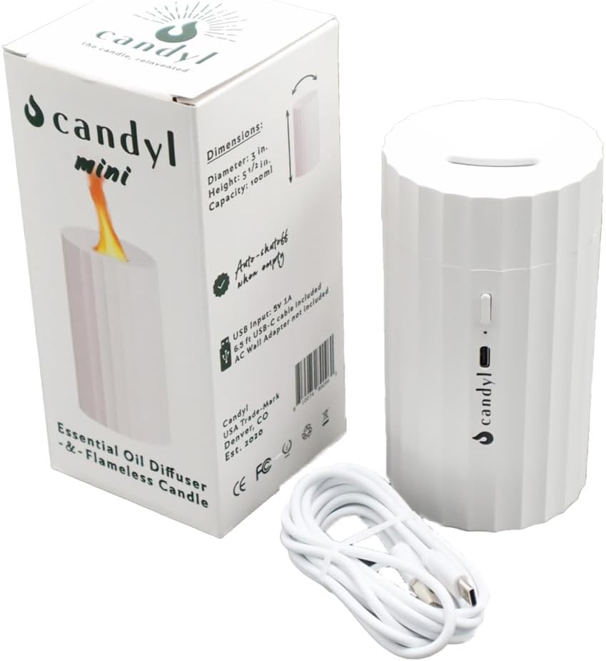 Candyl Mini Flame Essential Oil Diffuser – Compact Ultrasonic Aromatherapy Diffuser with USB Power, Color-Changing Light & Auto Shut-Off – Travel-Friendly Small Room Diffuser (White)