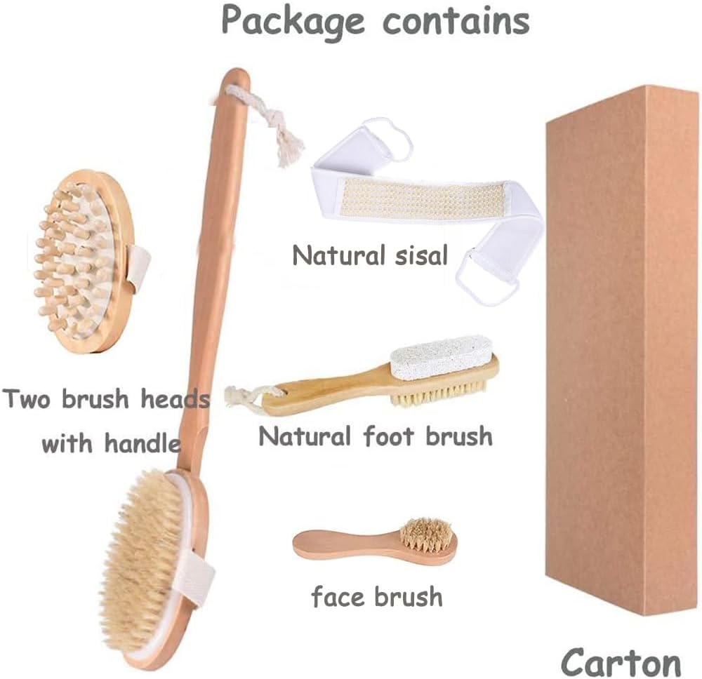 Dry Brushing Body Brush Set, Natural Boar Bristle Dry Brush, Bamboo Exfoliating Body, Face, Foot, Long Handle Back Scrubber Brush for A Glowing Skin, 5 Pack