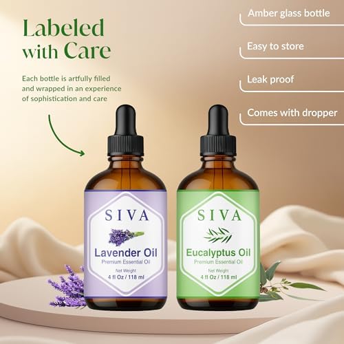 Siva Lavender & Eucalyptus Essential Oil 4oz Bundle Super Saver Combo – Premium Grade Bundle Set for Aromatherapy, Hair Care, Scalp Massage, Skin Care, Candles, Soaps and Diffuser