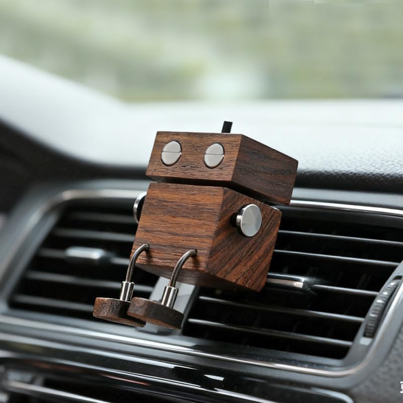 Car Air Diffuser - 2-in-1 Shaking Wooden Man Figurine & Refillable Aroma Vent Clip with 5ml Capacity + 5 Sticks, Walnut Wood Essential Oil Air Freshener Car Dashboard Accessories Decor Gift for Driver