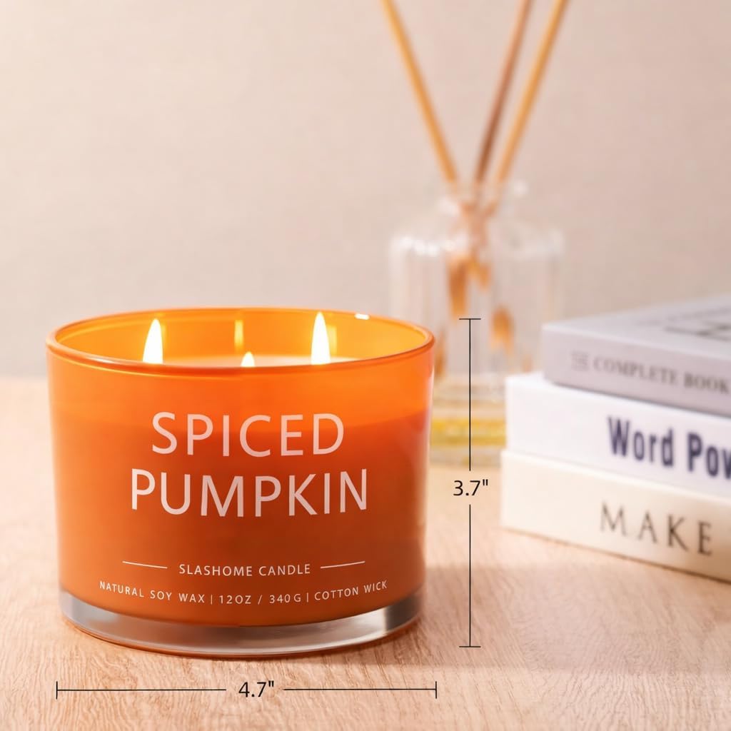 Pumpkin Spice Scented Candle, Luxury Large 3 Wick Soy Candle 12 Oz, 60+ Hour Long Lasting Clean Burn, Elegant Aromatherapy Home Decor, Housewarming & Birthday Gift for Men & Women