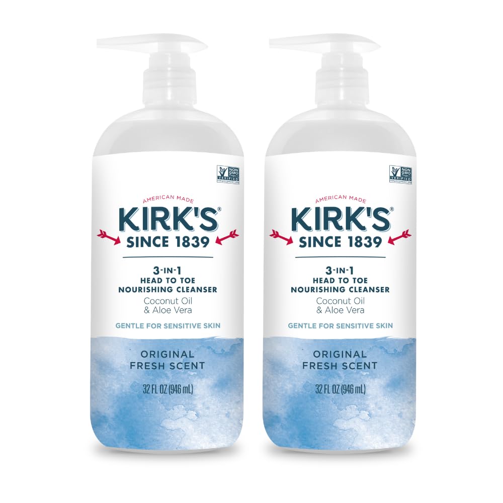 Kirk's Original Fresh 3-in-1 Nourishing Cleanser, Shampoo Body Wash Bubble Bath, Coconut Oil and Aloe Vera, Vegan Non-GMO, 32 Fl Oz, Pack of 2