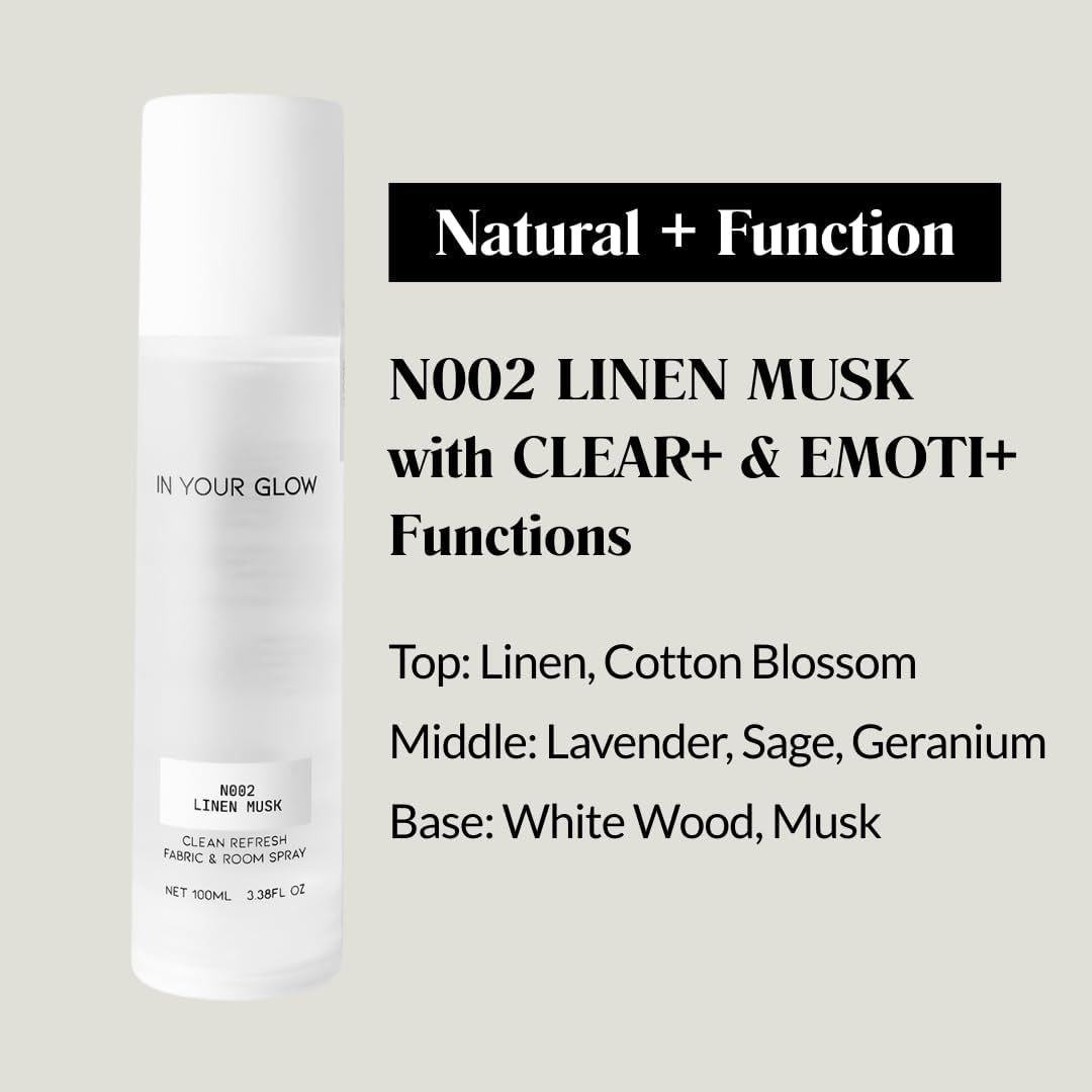 In Your Glow – N002 LINEN MUSK – Long-Lasting Clean Fabric & Room Mist Spray 100ml | Unisex Luxury Fragrance Spray & Odor Eliminator