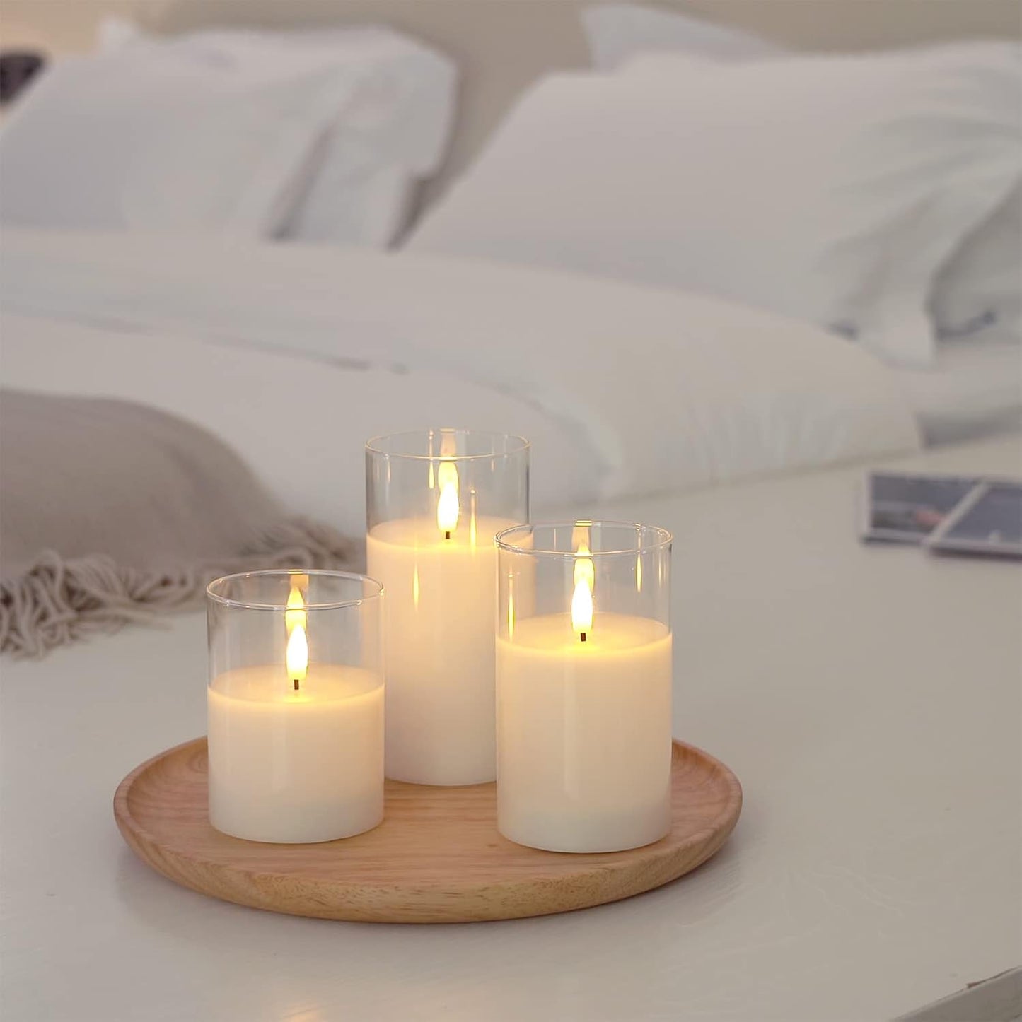 Amagic Clear Glass Flameless Candles Battery Operated with Timer, Remote Control, LED Pillar Candles, Battery Powered, Valentine's Day Decor, Pure White Wax, Set of 3