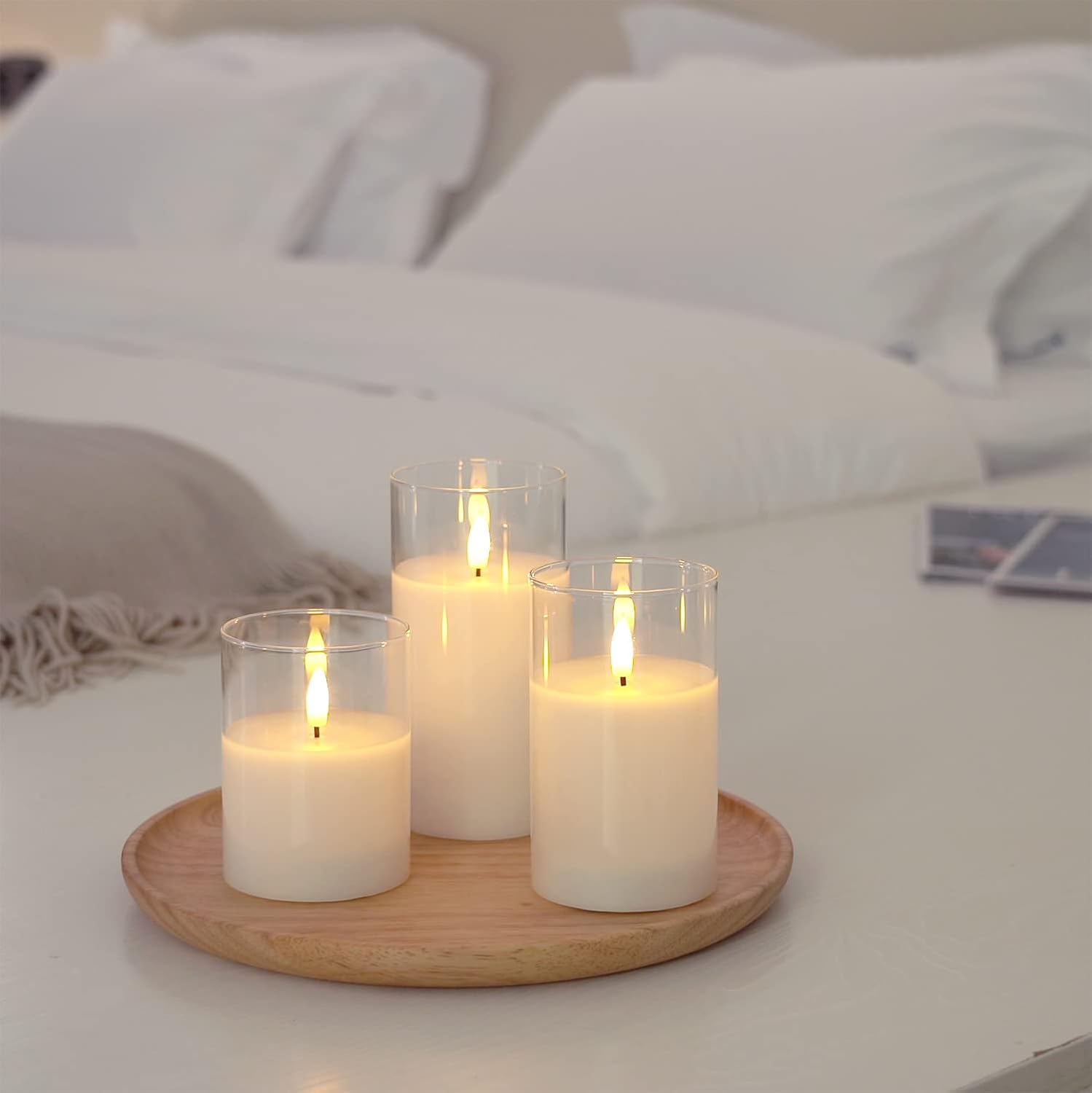 Amagic Clear Glass Flameless Candles Battery Operated with Timer, Remote Control, LED Pillar Candles, Battery Powered, Valentine's Day Decor, Pure White Wax, Set of 3