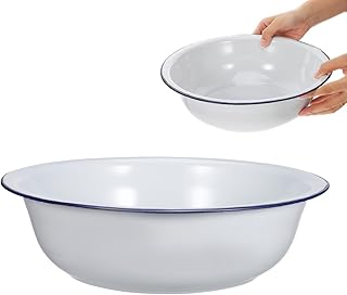 KESYOO Enamel Foot Soaking Basin, Vintage-style Foot Bath Tub, Classic Footbath for Home Spa Pedicures Washing, Slim Space-saving Design, White with Blue Rim, 11. 8 Inch
