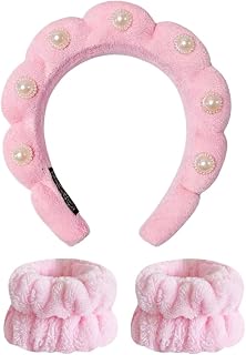 Pearl Rhinestone Headband for Women Girls Terry Cloth Spa Headband for Washing Face Makeup Skincare Puffy Head band (Pink)