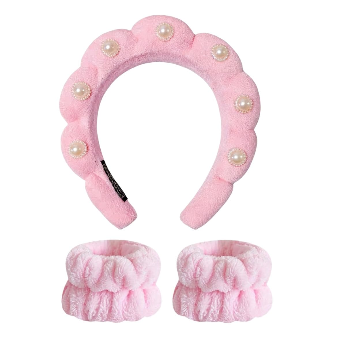 Pearl Rhinestone Headband for Women Girls Terry Cloth Spa Headband for Washing Face Makeup Skincare Puffy Head band (Pink)