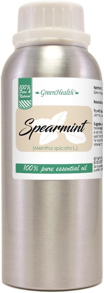 Spearmint Essential Oil – 8 fl oz (237 ml) Aluminum Bottle w/Plug Cap – 100% Pure Essential Oil – GreenHealth