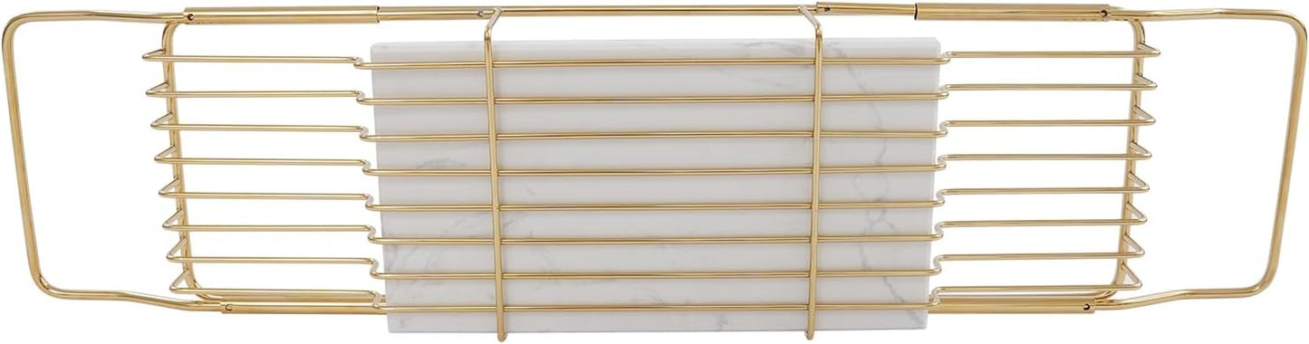 Bathtub Tray, Expandable Bathtub Caddy with Marble Board 26.7-35.4 Inch Adjustable Stainless Steel Bath Tray 44LBS Capacity Bath Tub Rack for Home, Hotel and Spa (Gold+White)