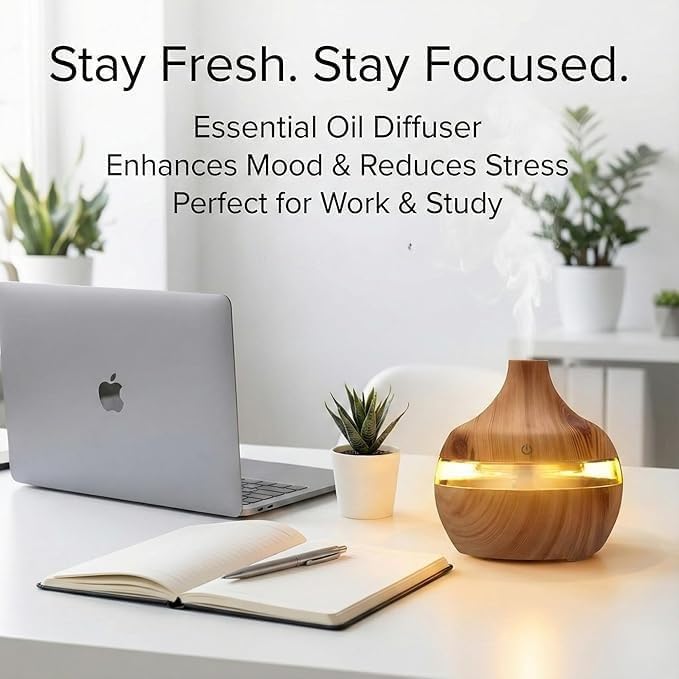 Wood Grain Essential Oil Diffuser, USB Powered Ultrasonic Humidifier, LED Light, Teardrop Shape, 300ml Capacity
