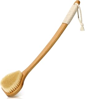 eaxun Bamboo Back Scrubber with Curved Long Handle, 17.3 Inches Exfoliating Shower Brush with Stiff Bristles for Men and Women, Back Washer Body Exfoliator for Bath or Dry Brushing