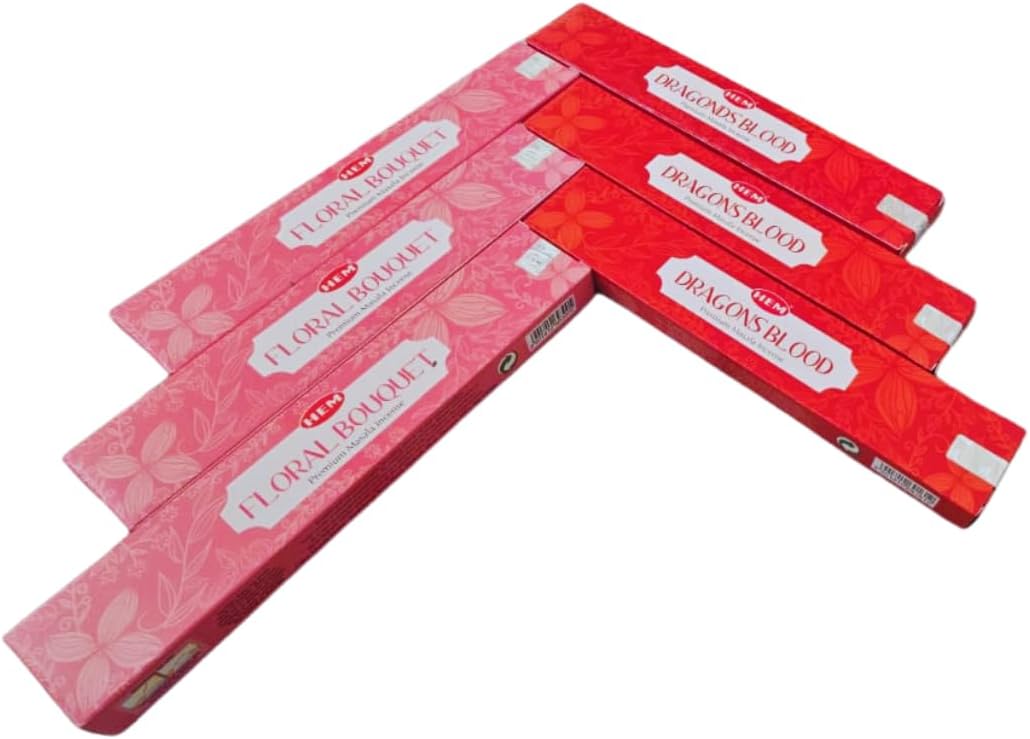 Hem Masala Incense Pack of 3 Each Fragrance, Bundled with ANKCIENSE Incense Holder (Champa & Myrhh) (Dragon Blood & Floral Bouquet)
