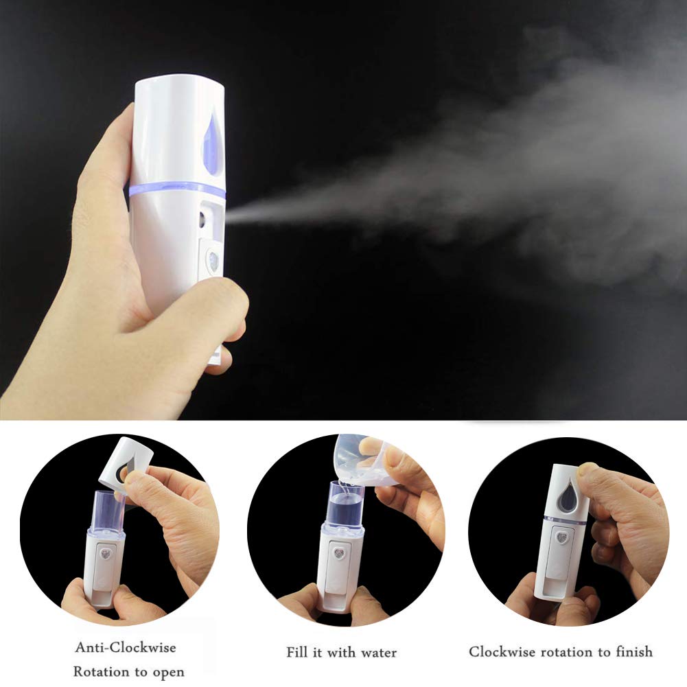 Portable Nano Facial Mister Mini Facial Steamer Atomization Eyelash Extensions with Mirror & 20ml Visual Water Tank (White)