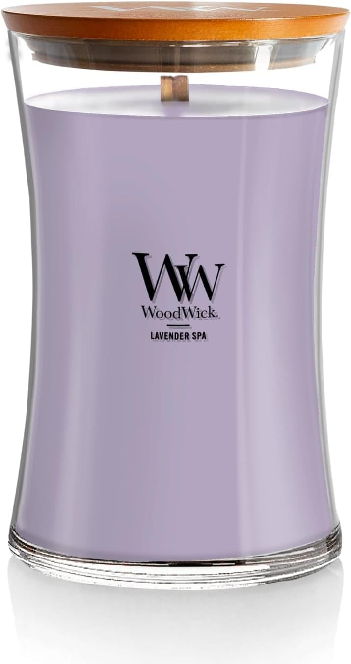 WoodWick Lavender Spa Gifts for Women and Men, 21.5 oz Large Hourglass Candle with Crackling Wick