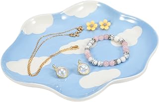 Koythin Jewelry Tray, Ceramic Jewelry Dish Trinket Tray Organizer, Clouds Aesthetic Decorative for Kitchen, Bathroom (Blue Sky and White Clouds)