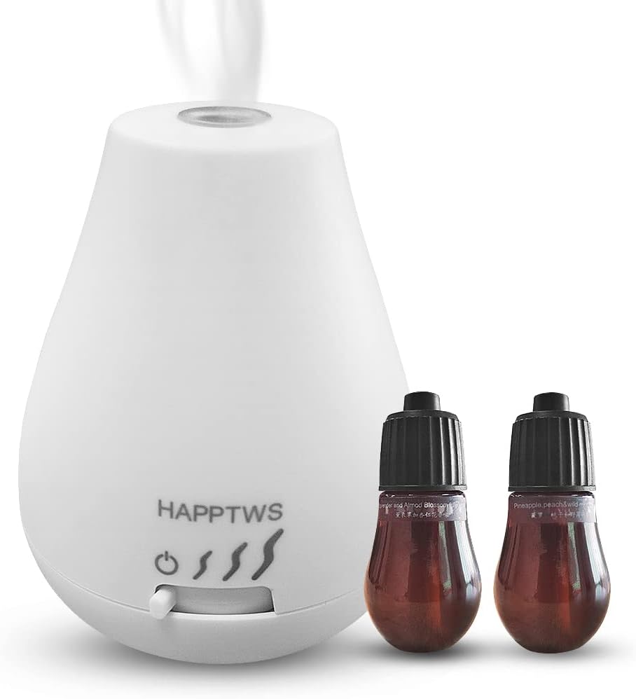 HAPPTWS Essential Oil Diffuser - Waterless Diffuser 3 Timer Settings Battery Powered for Bedroom Yoga Room Toilet Pet Room White