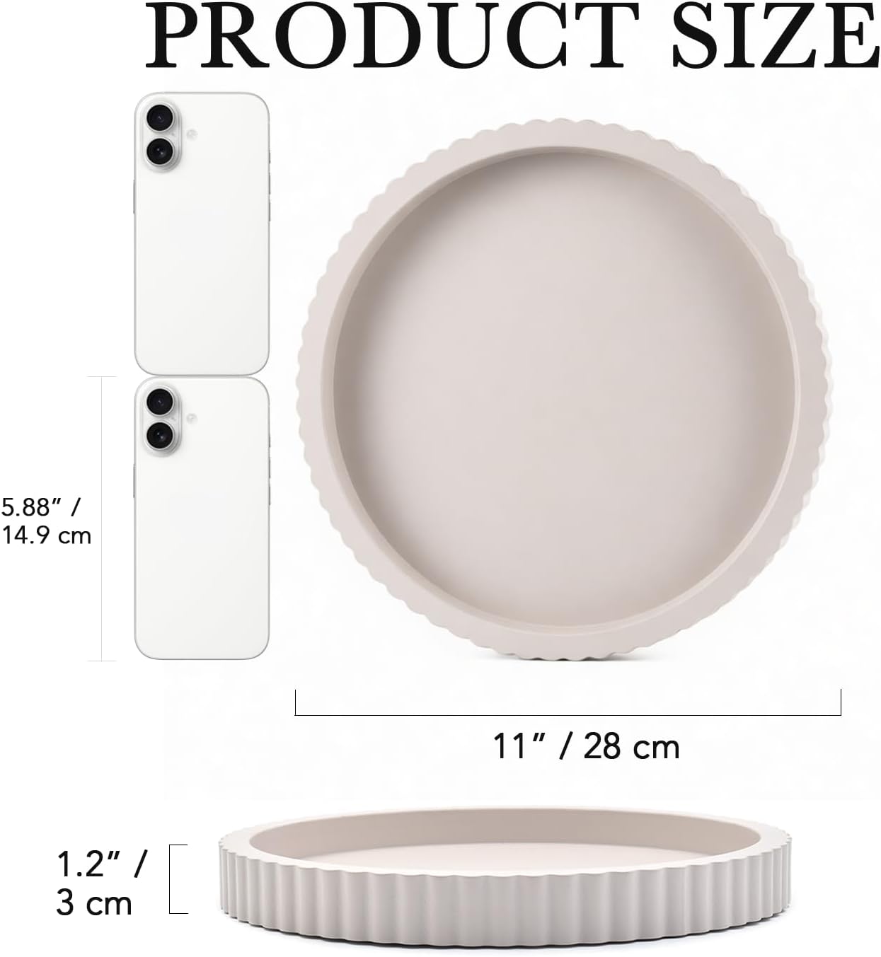 Modern Decorative Tray for Coffee Table, 11" Wooden Gray Beige Round Small Decor Tray for Candle, Perfume, Vanity, Kitchen Island Counter & Table Centerpiece