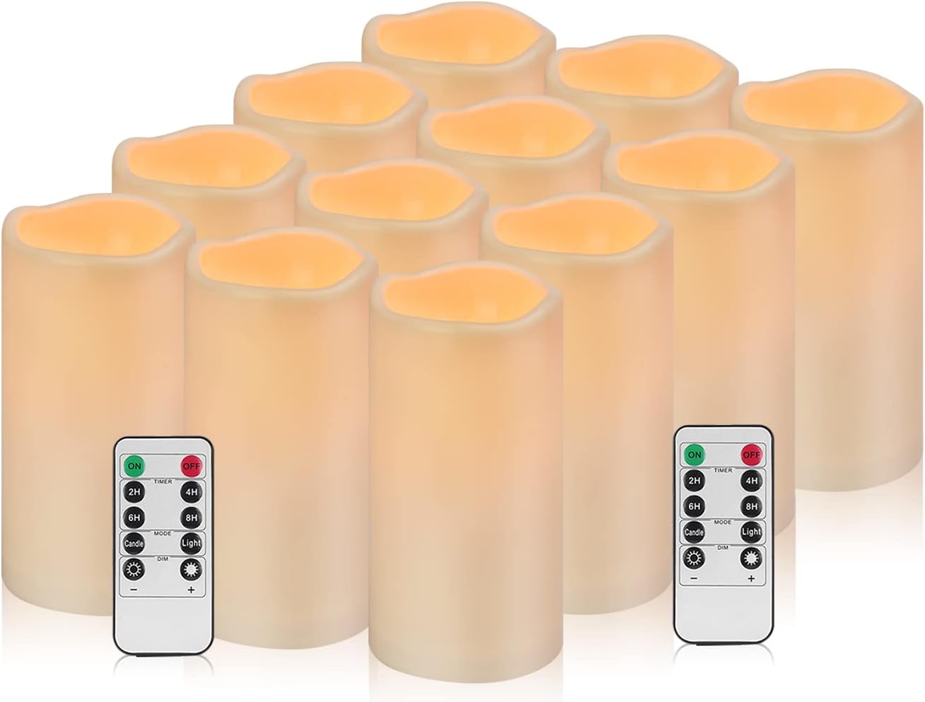 Flameless Candles 4" 5" 6" Outdoor Indoor Pillars Battery Operated Flickering Candles Include 10-Key Remote Timer 400+ Hours by 2 AA Batteries (Ivory Candle - Warm light, 3"D x 6" H - 12 Pack)