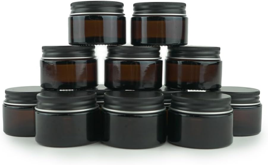 Glass Amber 1oz Jar - 12 Packs, Lead-Free Empty Round Jars For Beauty Products, Lotion, and Powders - Black Lid - Small Candle Jars