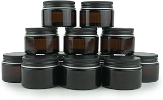 Glass Amber 1oz Jar - 12 Packs, Lead-Free Empty Round Jars For Beauty Products, Lotion, and Powders - Black Lid - Small Candle Jars
