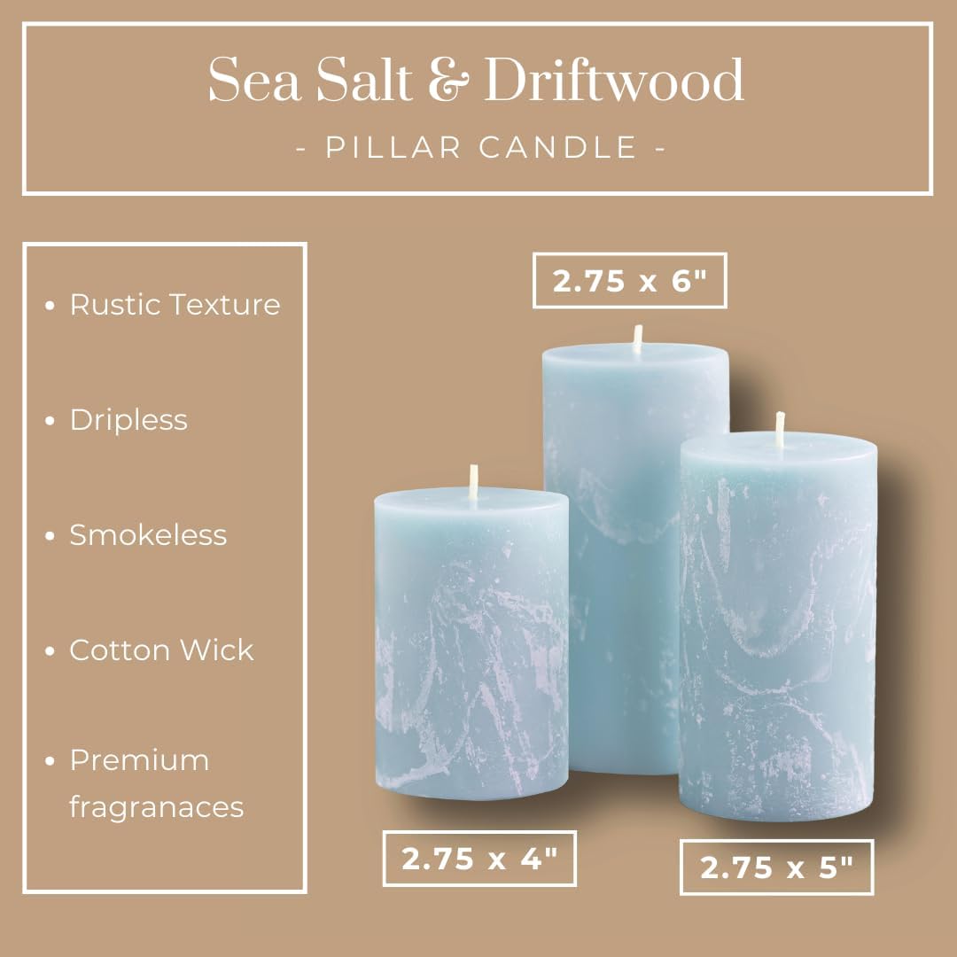 Blue Scented Pillar Candles Set of 3, 3x4, 3x5, 3x6 Light Blue Candles, Sea Salt and Driftwood Pilar Scented Candle, Ideal as Wedding, Parties, Spa, Dinner, Home Decor, Church