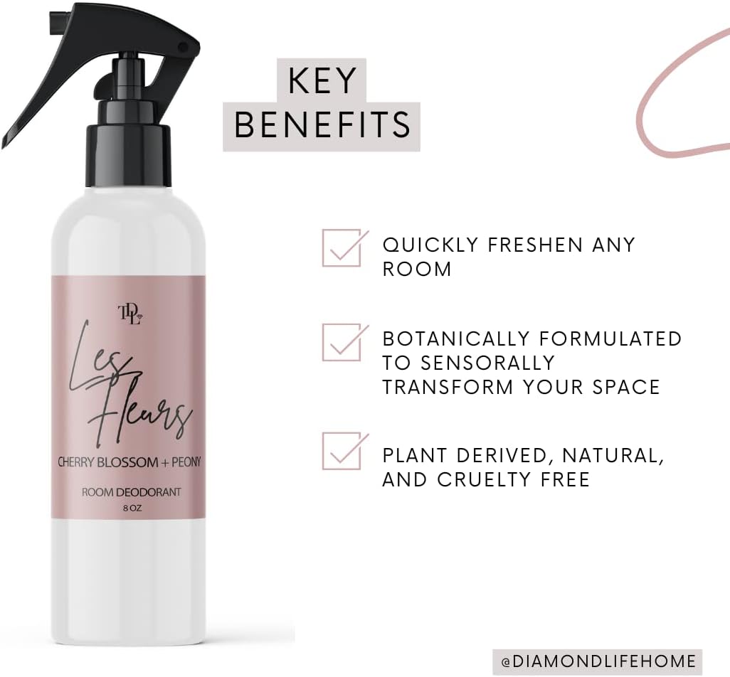 Home "LES FLEURS" Pink Peony & Cherry Blossom Room Deodorant Non Aerosol Aromatic Mist | Plant Based Formula | Odor Eliminator Freshener for Fabric/Linen, Furniture, or Air | 5.0 oz