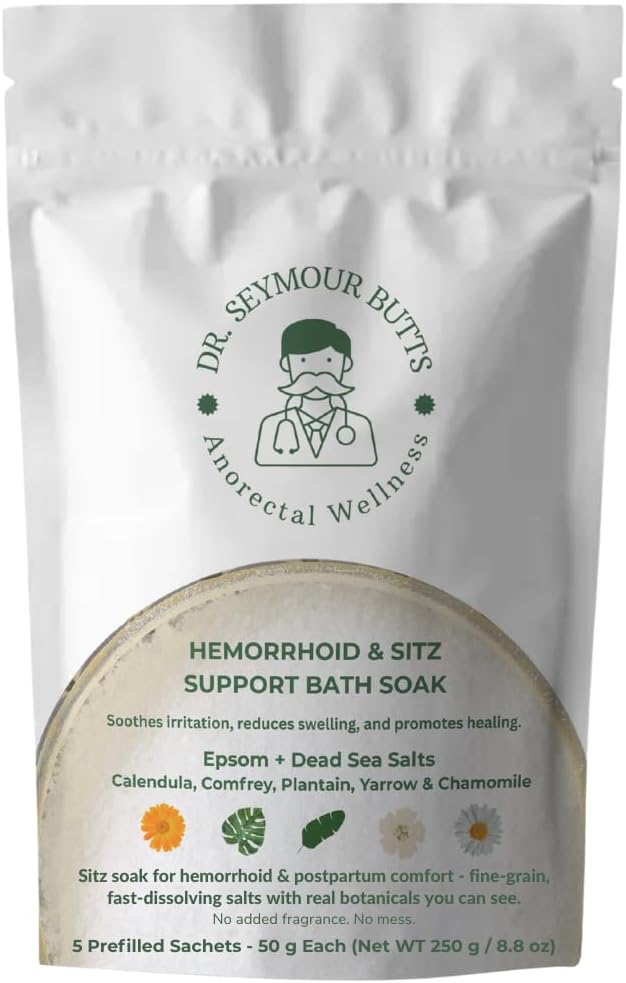 Hemorrhoid & Sitz Bath Support Soak – 5 Prefilled Sachets (50 g Each) | Epsom & Dead Sea Salts with Calendula, Chamomile, Plantain, Yarrow, Comfrey & Rose Petals | Fragrance-Free Comfort Soak