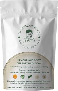 Hemorrhoid & Sitz Bath Support Soak – 5 Prefilled Sachets (50 g Each) | Epsom & Dead Sea Salts with Calendula, Chamomile, Plantain, Yarrow, Comfrey & Rose Petals | Fragrance-Free Comfort Soak