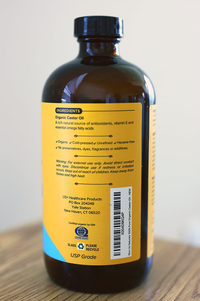 Us Naturals 16oz Organic Castor Oil – Glass Bottle – USDA Certified Organic & Non-GMO – 100% Pure, Cold-pressed, Unrefined, Hexane-free – Premium Glow-Boosting Oil for Skin, Hair, Lashes, Nails & More