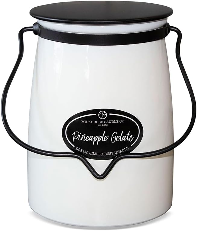 Milkhouse Candle Company Pineapple Gelato Soy Candle - Pineapple | Coconut | Vanilla Bean Scented - 22 oz Butter Jar with Lid, 120+ Hour Burn Time, Made in the USA