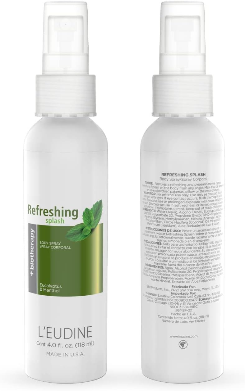 L’EUDINE Refreshing Splash - Pack of 3 - Air Freshener Spray – 4fl oz, Eucalyptus Spray for Body, Clothes, Bedding, Home, Car – Great for Blocked Airways, Nasal Congestion – Pleasant Menthol Notes