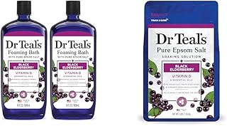 Dr Teal's Foaming Bath with Pure Epsom Salt, Black Elderberry with Vitamin D, 34 fl oz (Pack of 2) & Salt Soak with Pure Epsom Salt, Elderberry, 3 lbs