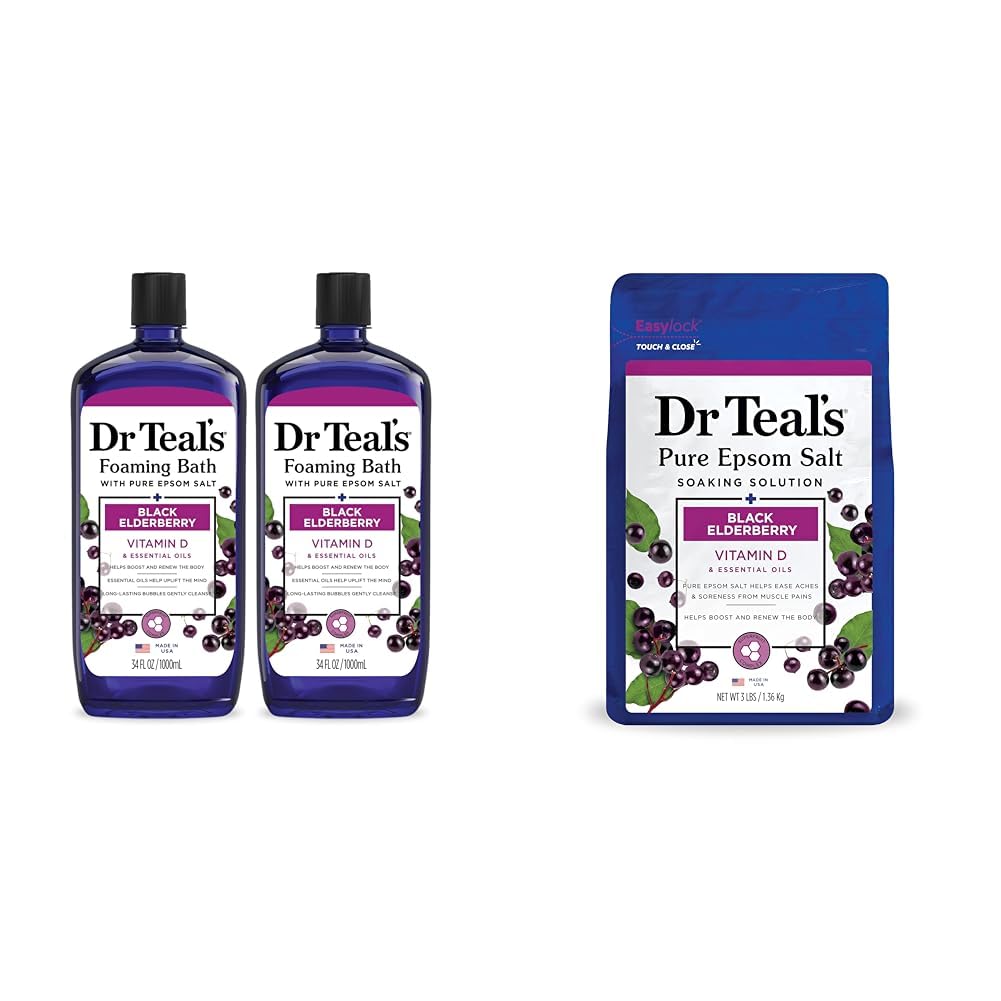 Dr Teal's Foaming Bath with Pure Epsom Salt, Black Elderberry with Vitamin D, 34 fl oz (Pack of 2) & Salt Soak with Pure Epsom Salt, Elderberry, 3 lbs