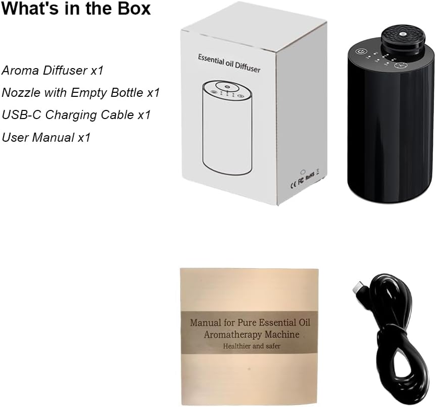 Waterless Essential Oil Diffuser with 20ml Capacity, Cordless Diffusers with 3 Mist Levels & Timers for Home Car Office