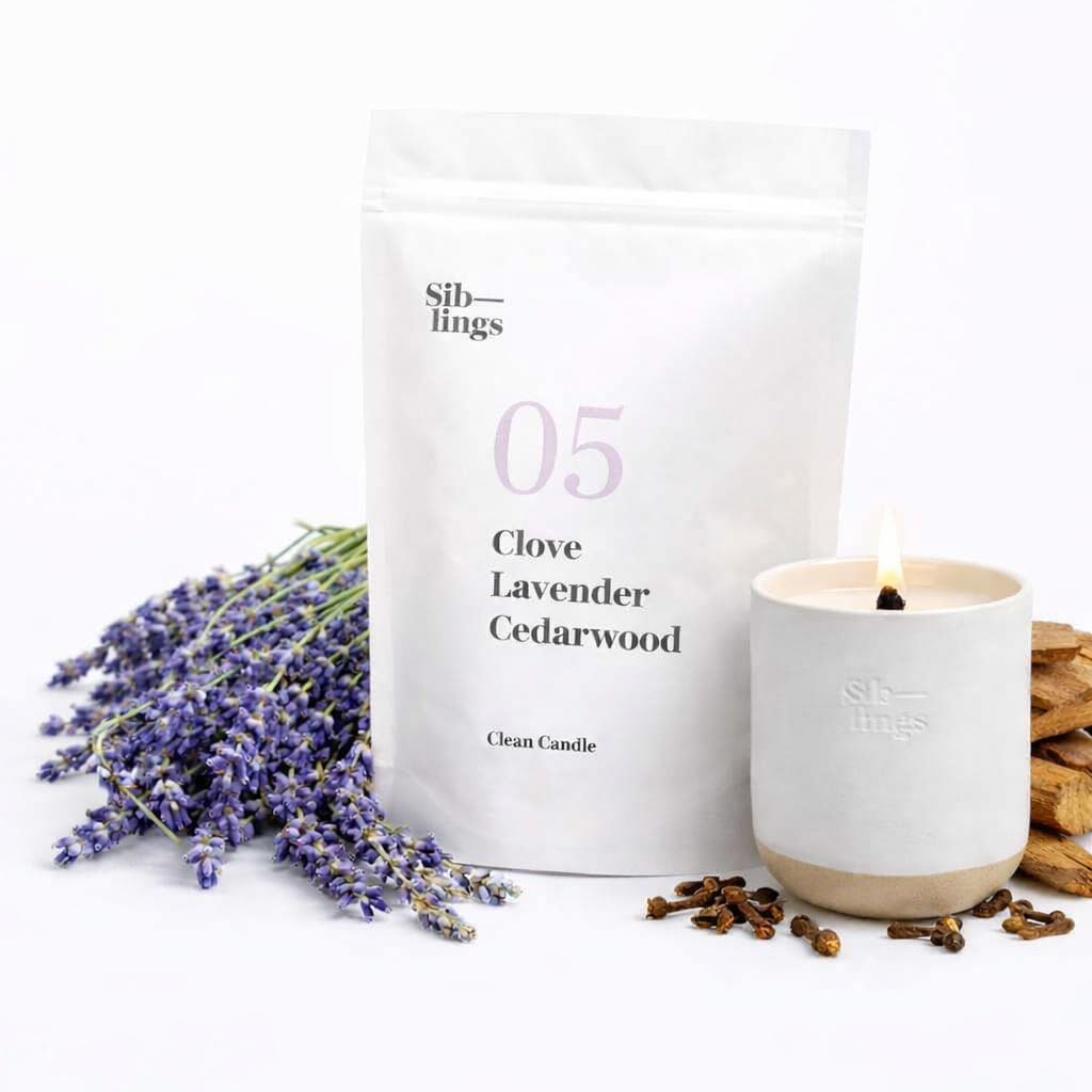 Siblings Ritual Set – Candle with Refillable Forever Vessel and Coconut Soy Wax Refill – Scent No 05 Clove, Lavender, Cedarwood – 60 Hour Burn