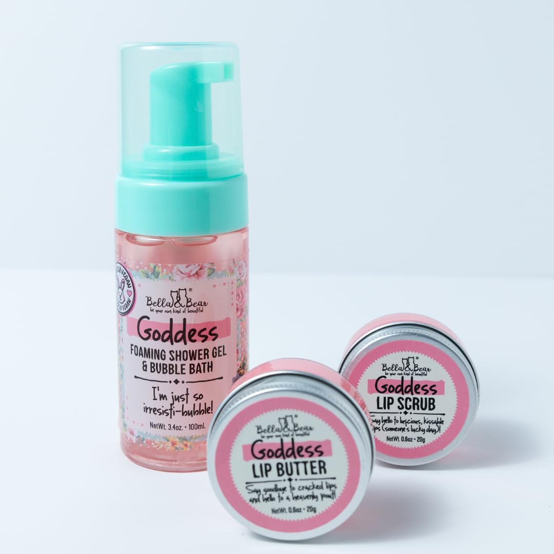 Bella & Bear Goddess Mini Bath & Body Gift Set with 2 in1 Foaming Shower Gel & Bubble Bath, Lip Scrub, Lip Butter - Gift - Teens - Tweens - Women