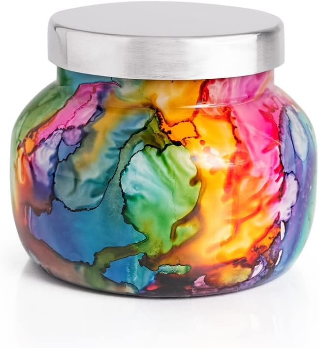 Capri Blue Volcano Candle - Rainbow Watercolor Petite Glass Jar Candle - Luxury Aromatherapy Candle - Tropical Fruits & Sugared Citrus Candle (8 Oz)