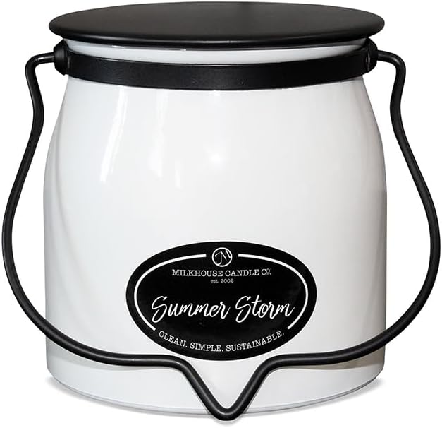 Milkhouse Candle Company Summer Storm Soy Candle - Dewy Greens | Rain-Soaked Woods | Coconut Water Scented - 16 oz Butter Jar with Lid, 65+ Hour Burn Time, Made in the USA