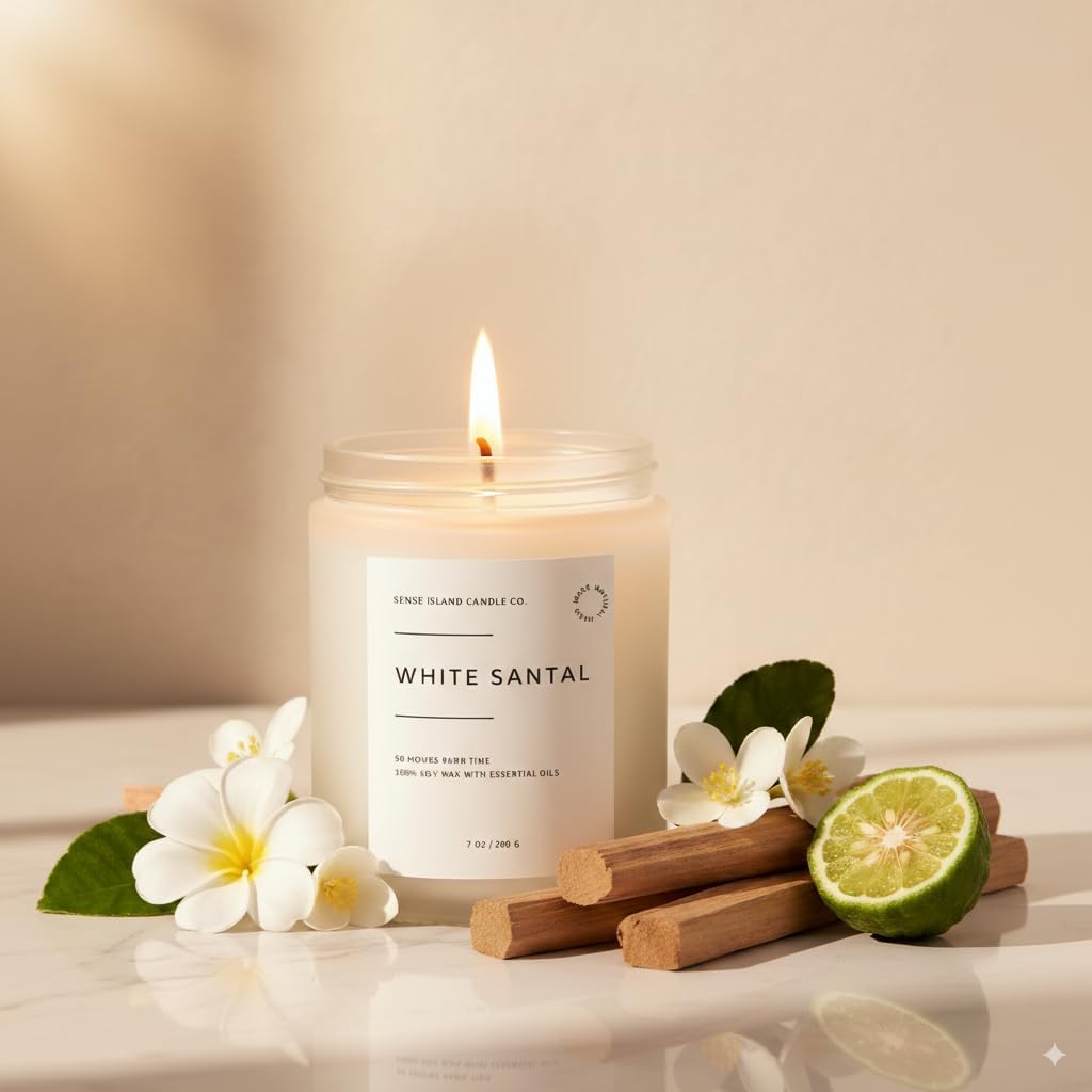 White Santal Scented Candle for Home Scented 50+ Hrs Highly Scented | 100% Natural Soy Candle Gifts for Women Highly Scented House Warming Gifts