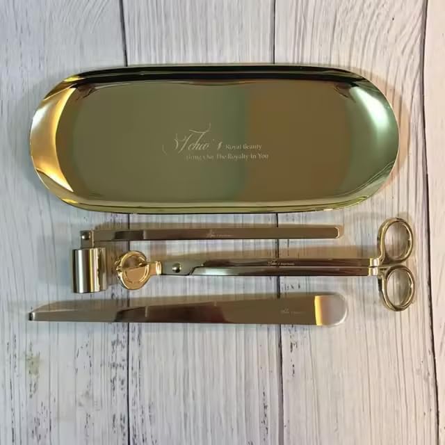 Candle Wick Trimming Set – 4-Piece Gold-Plated Kit with Decorative Tray – Wick Trimmer, Snuffer, Dipper – Luxury Gift Box Included