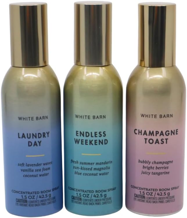 Bath & Body Works LAUNDRY DAY, CHAMPAGNE TOAST, ENDLESS WEEKEND Concentrated Room Spray 3pc bundle Gift Set with a Blue Bow for Holiday 1.5 oz each